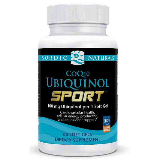 A white plastic bottle of Nordic Naturals CoQ10 Ubiquinol Sport dietary supplement, featuring a black label with blue and gold text and graphics, on a white background.