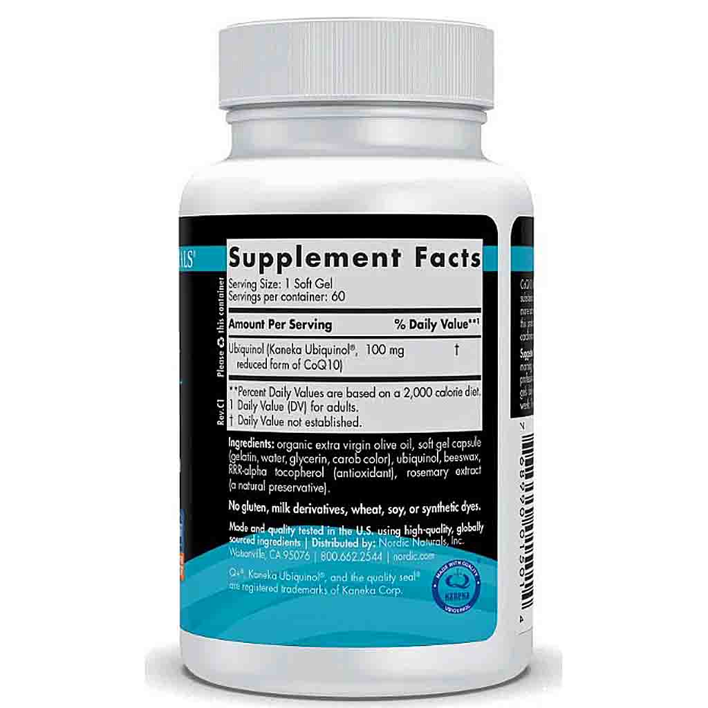 A white plastic bottle of dietary supplement facts, showing the label with Kanada Ubiquinone, 100 mg, on a clean white background.