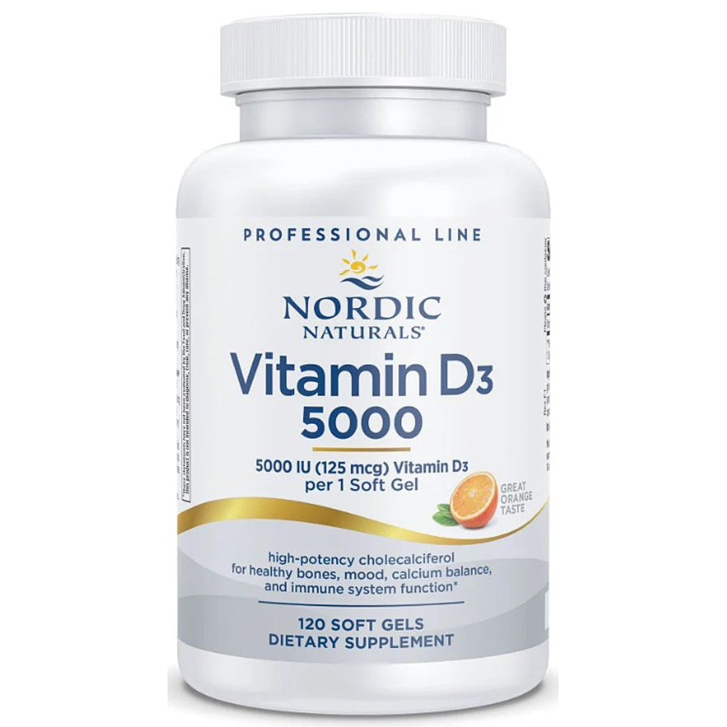 Nordic Naturals Vitamin D3 5000 dietary supplement bottle on a white background