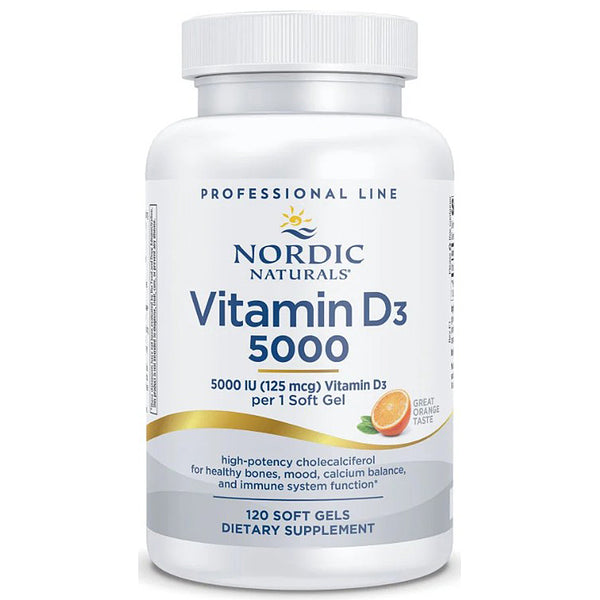 Nordic Naturals Vitamin D3 5000 dietary supplement bottle on a white background