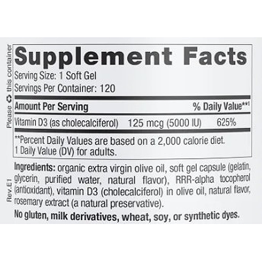 Supplement facts label for a vitamin D3 supplement with serving size, servings per container, and ingredient list.