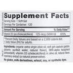Supplement facts label for a vitamin D3 supplement with serving size, servings per container, and ingredient list.
