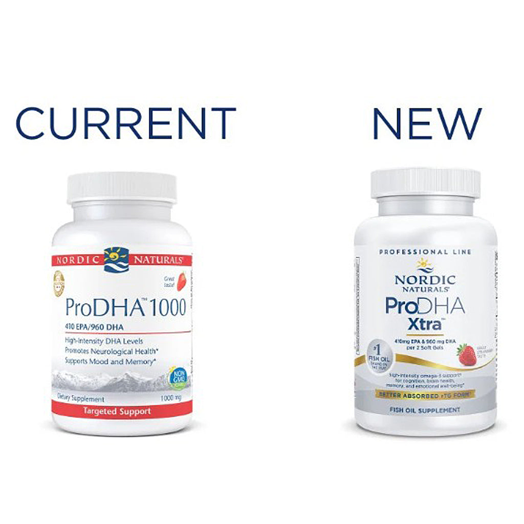 Two bottles of Nordic Naturals ProDHA supplements labeled 'Current' and 'New' on a white background.