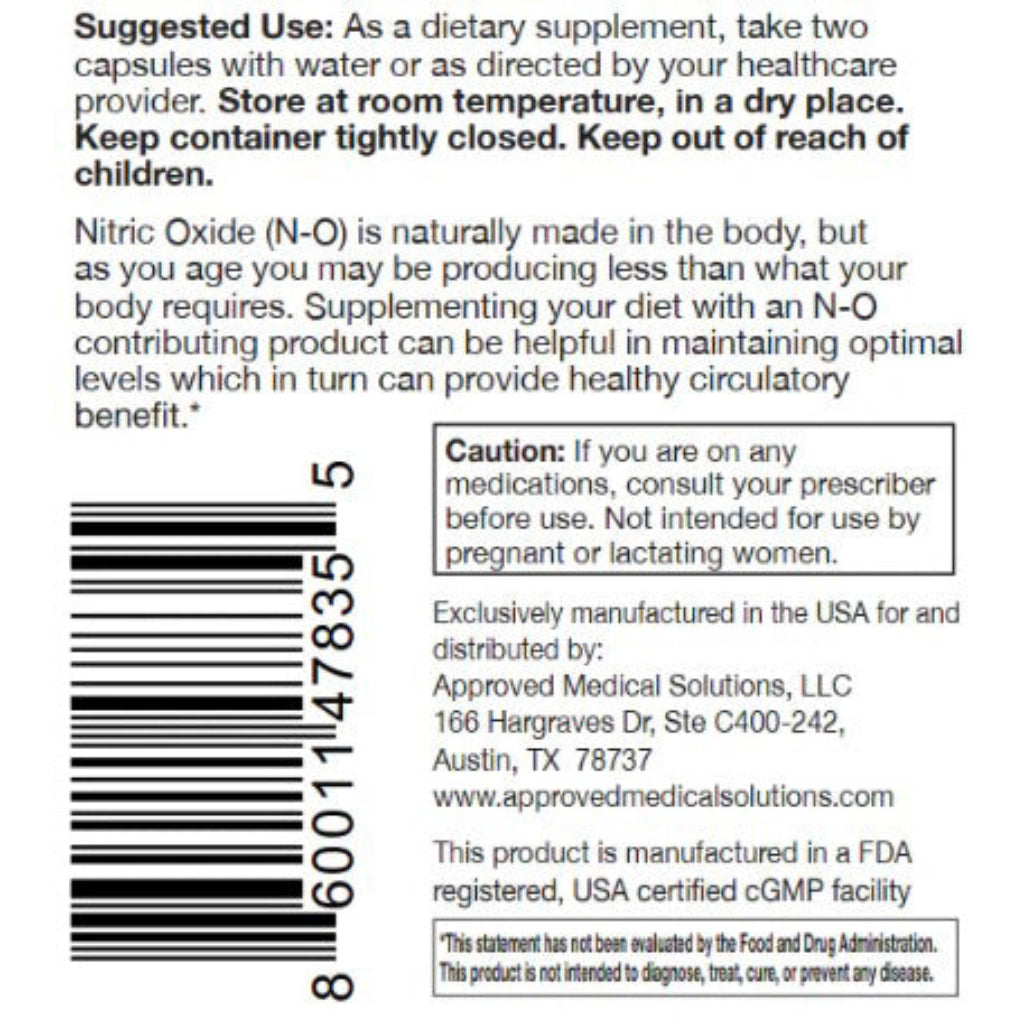 Nitric Oxide (N-O) vitamin, circulation, undetectable oxalates, Approved Medical Solutions, cardiovascular support