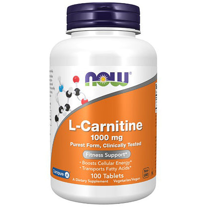 Supplement bottle labeled 'L-Carnitine 1000 mg' by NOW on a white background