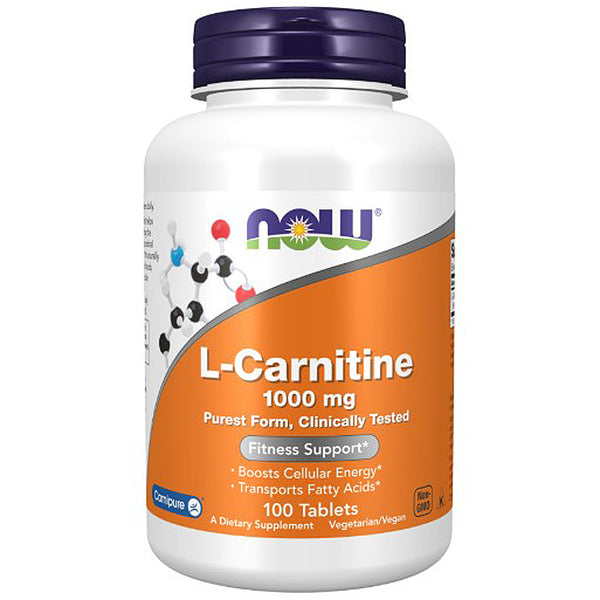 Supplement bottle labeled 'L-Carnitine 1000 mg' by NOW on a white background