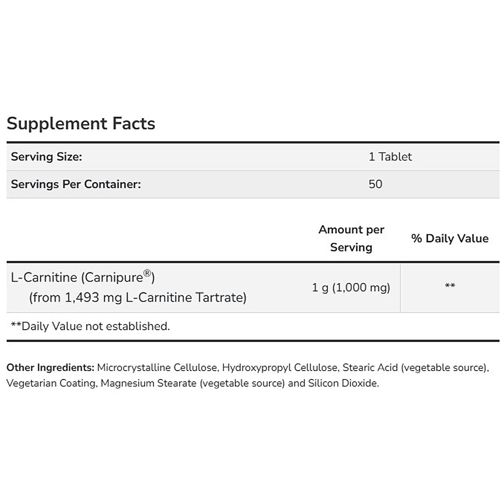 Supplement facts label for a L-Carnipure supplement tablet