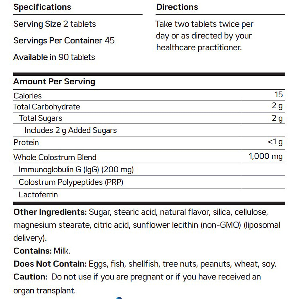 Nutritional label and directions for a supplement product.