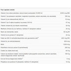 List of vitamins and minerals contained in four capsules with their respective amounts.