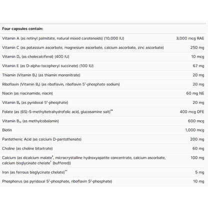 List of vitamins and minerals contained in four capsules with their respective amounts.