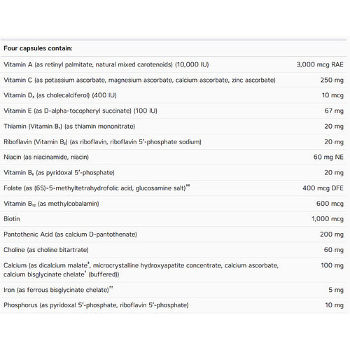 List of vitamins and minerals contained in four capsules with their respective amounts.