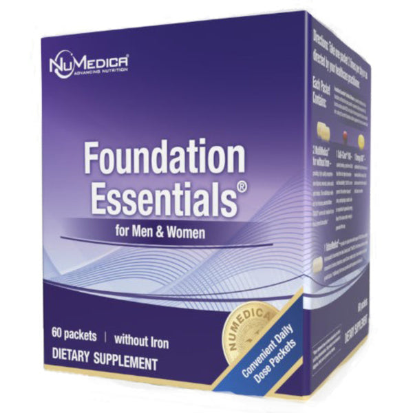 Foundation Essentials for Men and Women, multi vitamin, omegas, coq 10, no iron, 60 packets, front label