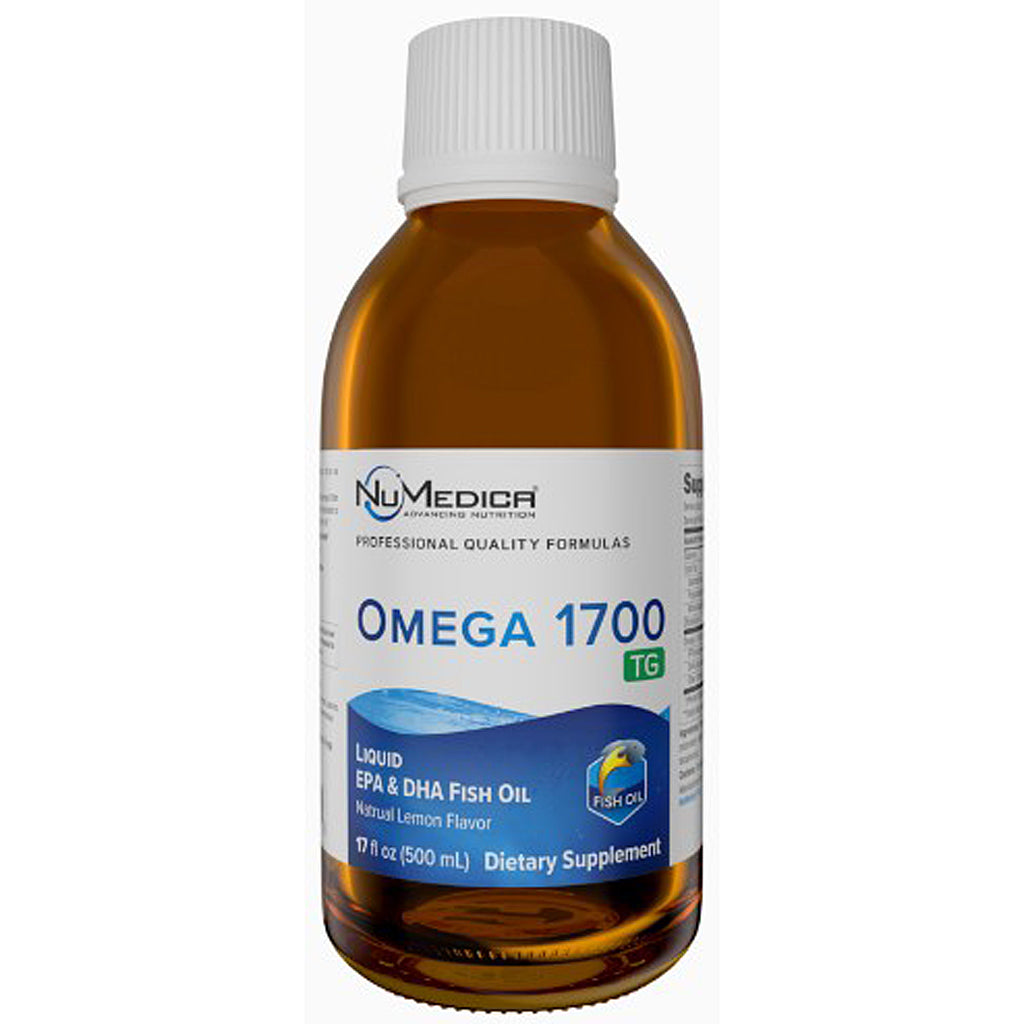 Bottle of NuMedica Omega 1700 dietary supplement on a white background