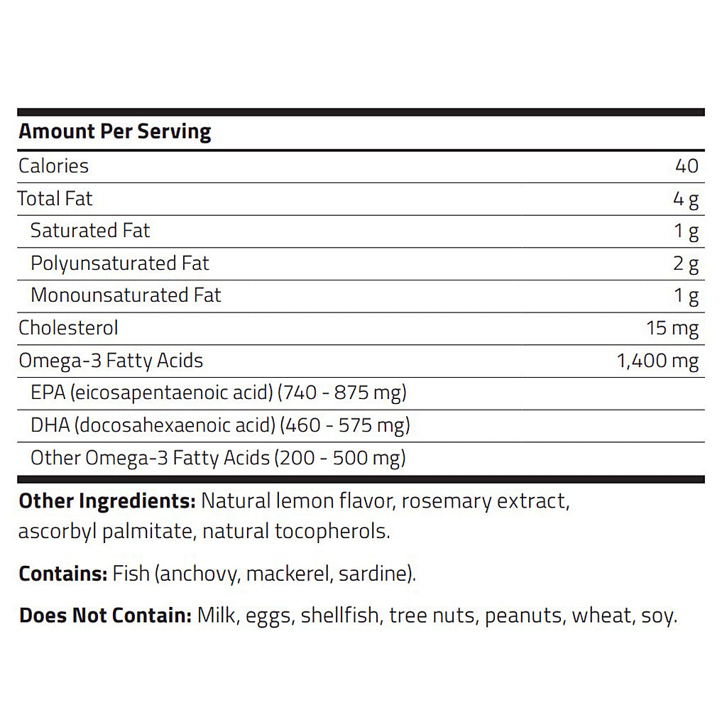 Nutritional label for a product with detailed information on calories, fat content, Omega-3 fatty acids, and other ingredients.