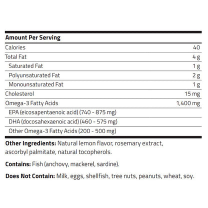 Nutritional label for a product with detailed information on calories, fat content, Omega-3 fatty acids, and other ingredients.