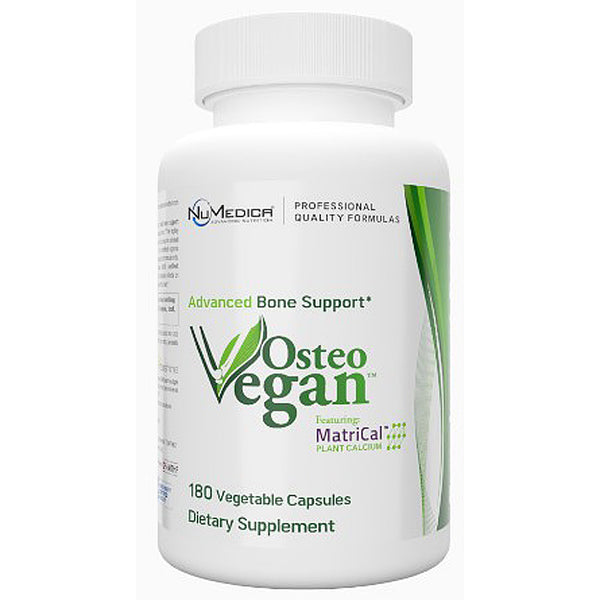Supplement bottle labeled 'OsteoVegan' on a white background
