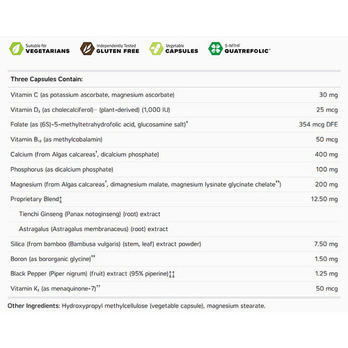 Nutritional supplement label with detailed ingredient list and claims on a white background