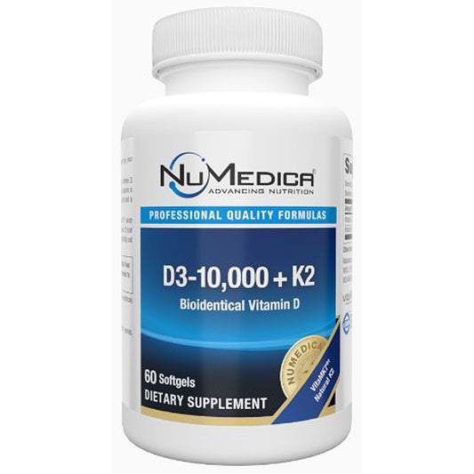 NuMedica D3-10,000 + K2 dietary supplement bottle on a white background