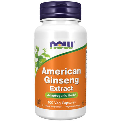 Supplement bottle labeled 'American Ginseng Extract' by NOW on a white background