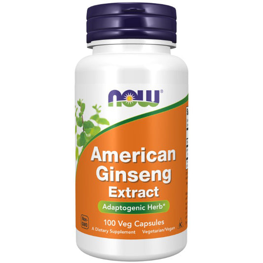 Supplement bottle labeled 'American Ginseng Extract' by NOW on a white background