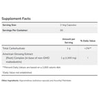 Supplement facts label with serving size, servings per container, and ingredient details.