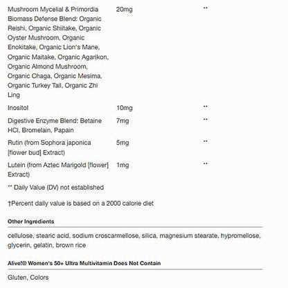 List of ingredients and their quantities for a supplement package on a white background