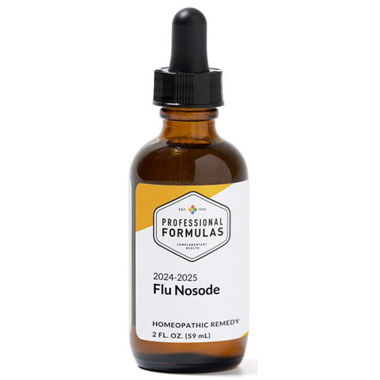 Amber glass bottle with dropper labeled 'Professional Formulas Flu Nosode' on a white background