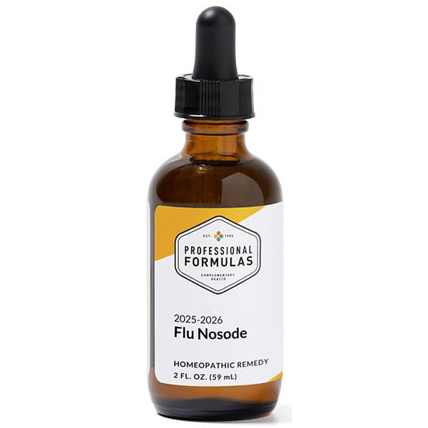 Brown glass bottle with dropper labeled 'Professional Formulas Flu Nosode' on a white background