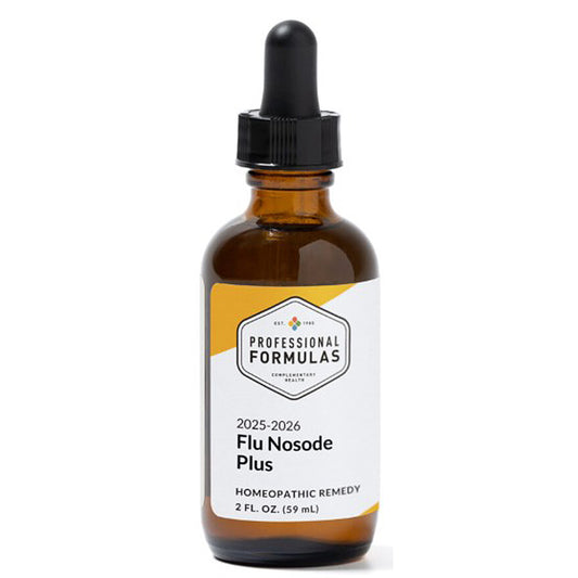 Amber glass bottle with dropper labeled 'Flu Nosode Plus' by Professional Formulas on a white background