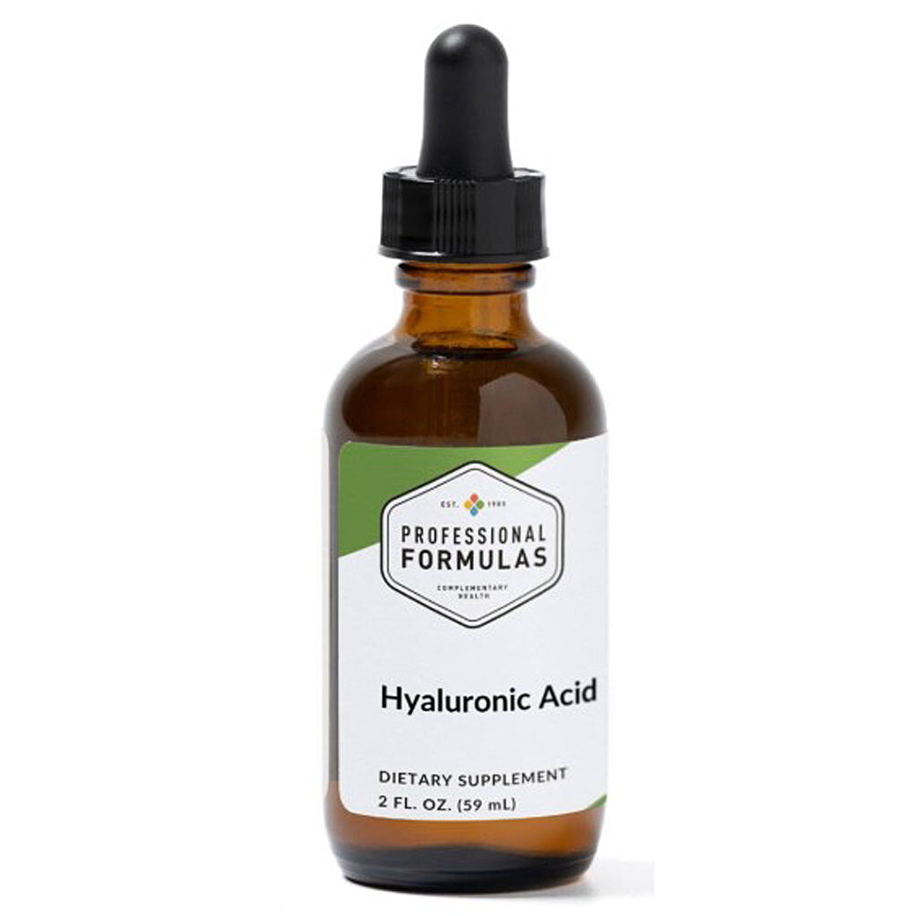 Brown glass bottle with dropper labeled 'Professional Formulas Hyaluronic Acid' on a white background