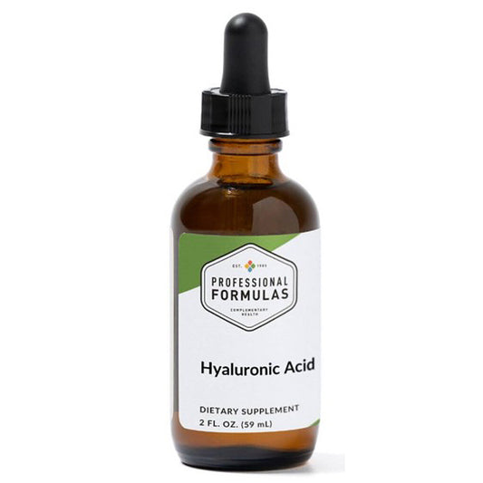 Brown glass bottle with dropper labeled 'Professional Formulas Hyaluronic Acid' on a white background