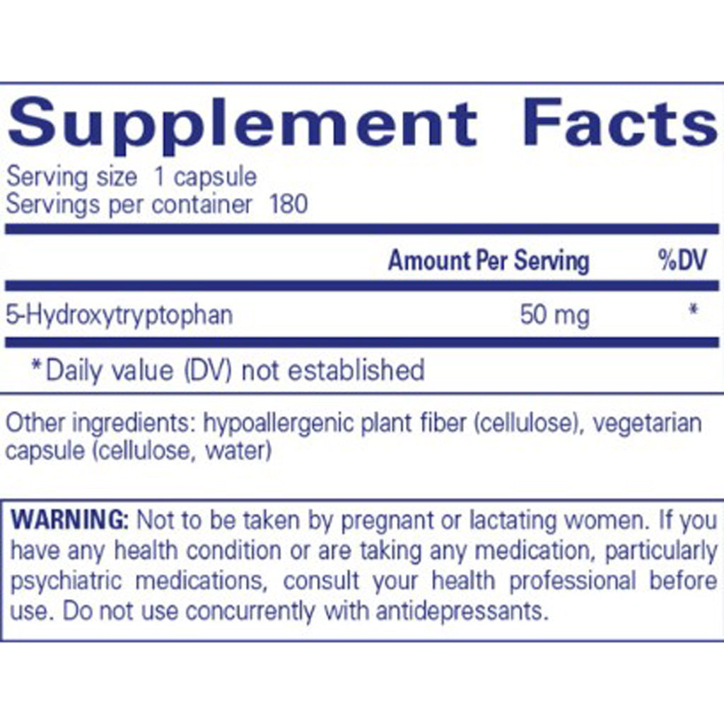Supplement facts label for a 5-Hydroxytryptophan capsule with serving size, servings per container, and ingredient information.