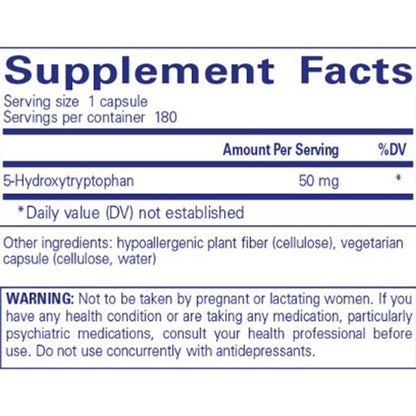 Supplement facts label for a 5-Hydroxytryptophan capsule with serving size, servings per container, and ingredient information.