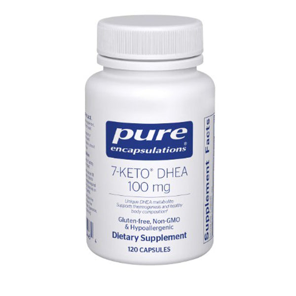 White supplement bottle labeled 'pure encapsulations 7-Keto DHEA 100 mg' on a white background