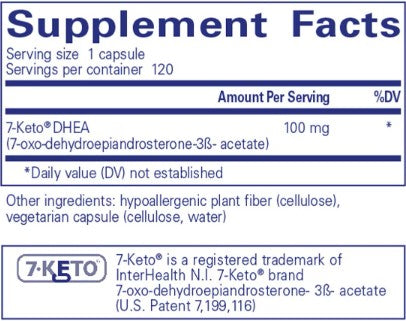 Supplement label for 7-Keto DHEA with serving size, servings per container, and supplement facts.