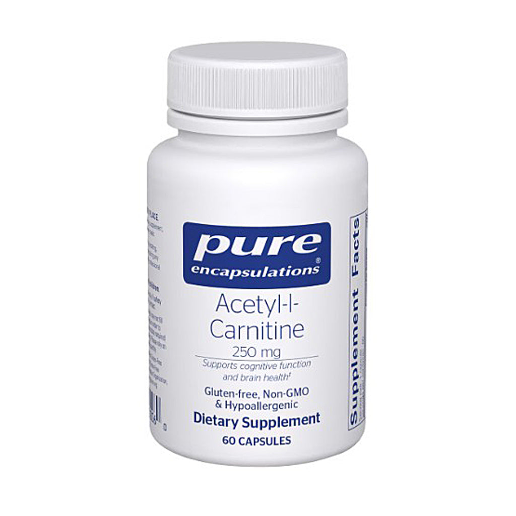 Supplement bottle labeled 'pure encapsulations Acetyl-L-Carnitine' on a white background
