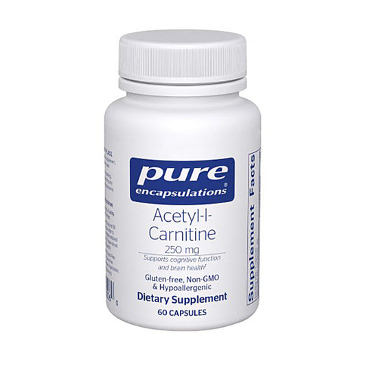 Supplement bottle labeled 'pure encapsulations Acetyl-L-Carnitine' on a white background