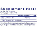 Supplement facts label for Acetyl-L-Carnitine HCL capsules on a white background