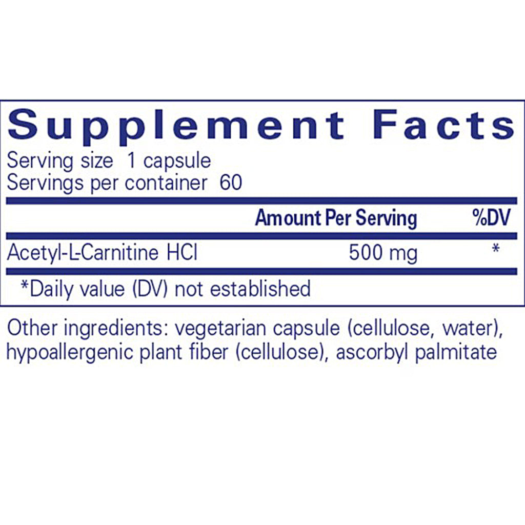 Supplement facts label for Acetyl-L-Carnitine HCL capsules on a white background