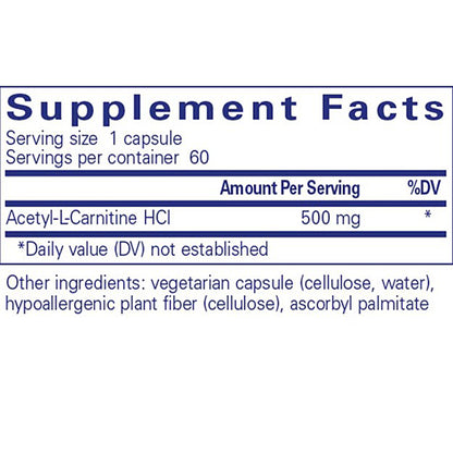Supplement facts label for Acetyl-L-Carnitine HCL capsules on a white background
