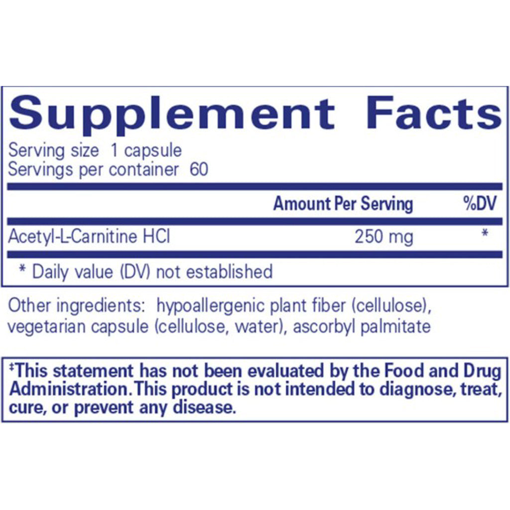 Supplement facts label with Acetyl-L-Carnitine HCI on a white background
