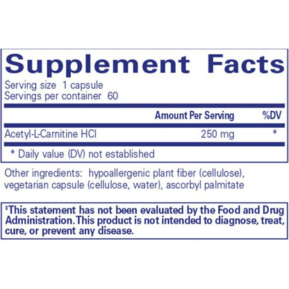 Supplement facts label with Acetyl-L-Carnitine HCI on a white background