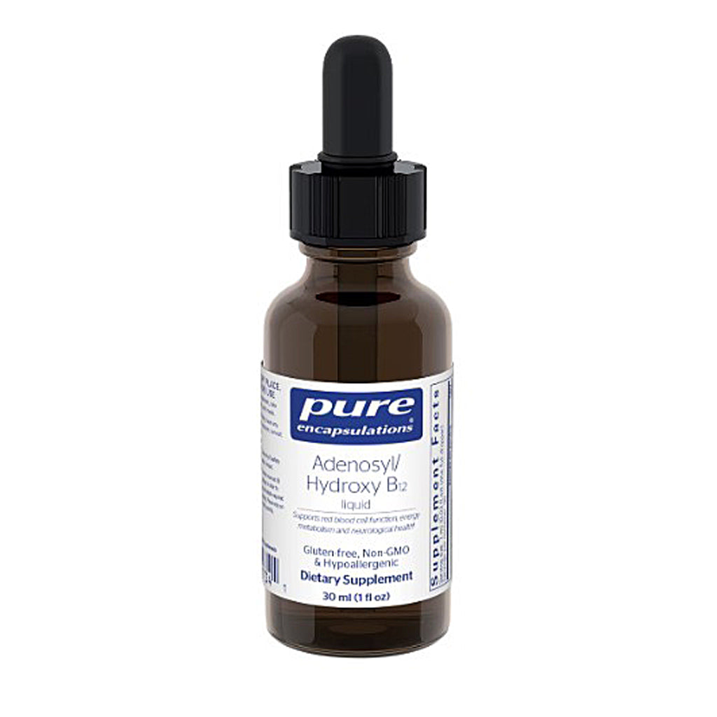 Brown glass bottle with dropper labeled 'Pure Encapsulations Adenosyl Hydroxy B5' on a white background