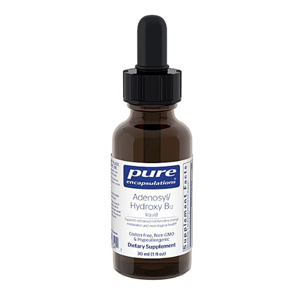 Brown glass bottle with dropper labeled 'Pure Encapsulations Adenosyl Hydroxy B5' on a white background