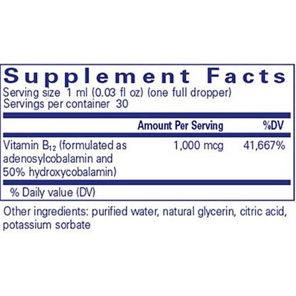 Supplement facts label with Vitamin B12 content on a white background
