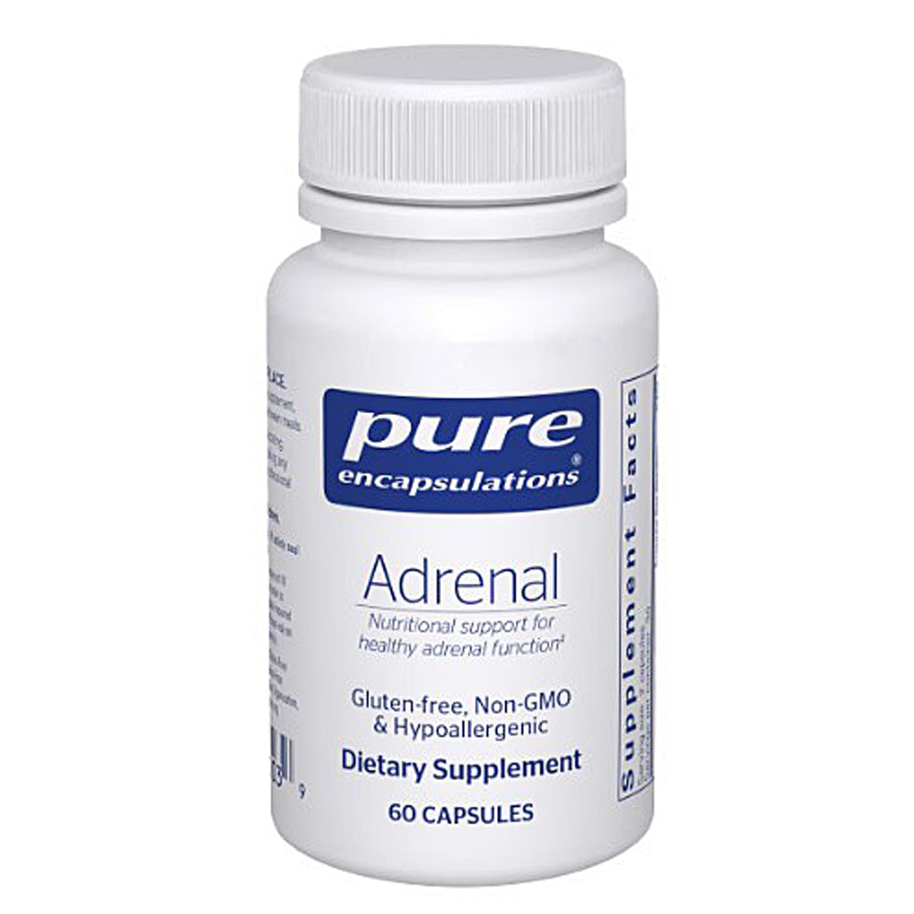Supplement bottle labeled 'pure encapsulations Adrenal' on a white background