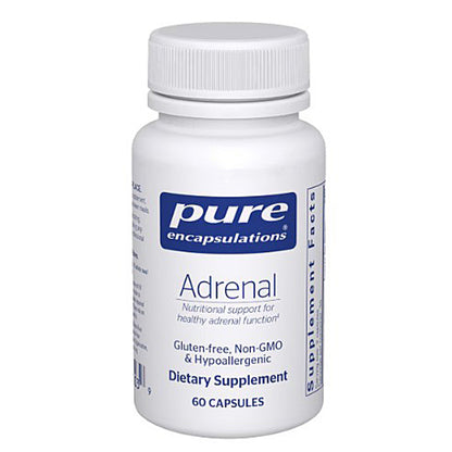 Supplement bottle labeled 'pure encapsulations Adrenal' on a white background