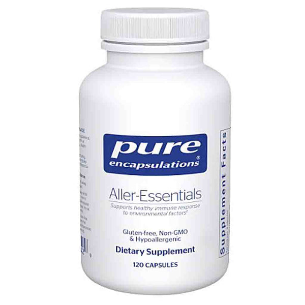 White supplement bottle labeled 'pure encapsulations Aller-Essentials' on a white background