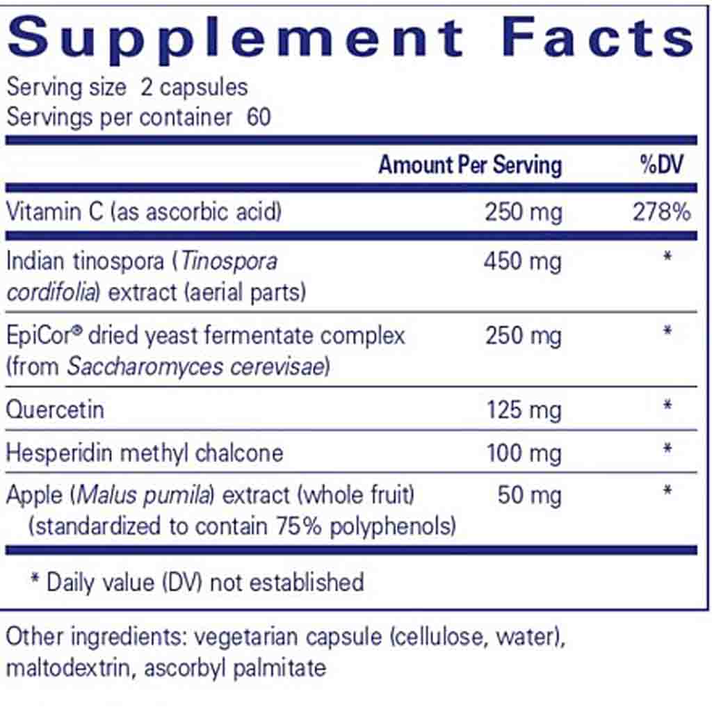 Supplement facts label with various ingredients and their amounts per serving
