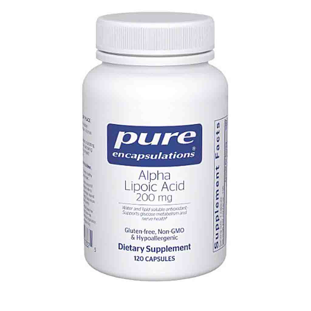Supplement bottle labeled 'pure encapsulations Alpha Lipoic Acid 200 mg' on a white background